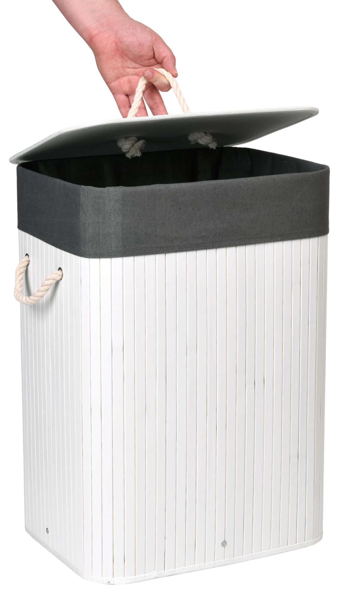 Kosz na pranie bambusowy z pokrywą 80L biało-szary - obrazek 8