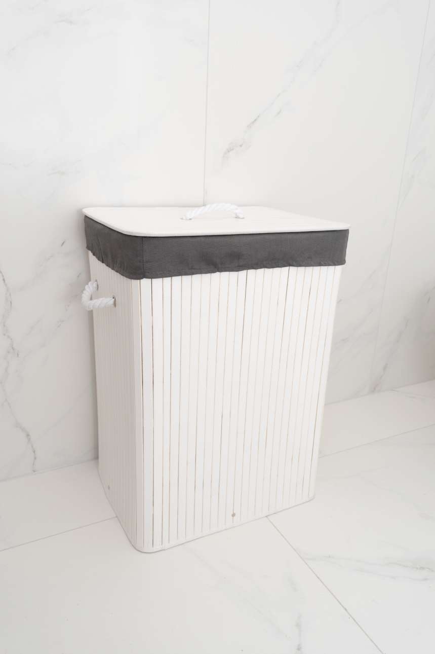 Kosz na pranie bambusowy z pokrywą 80L biało-szary - obrazek 4