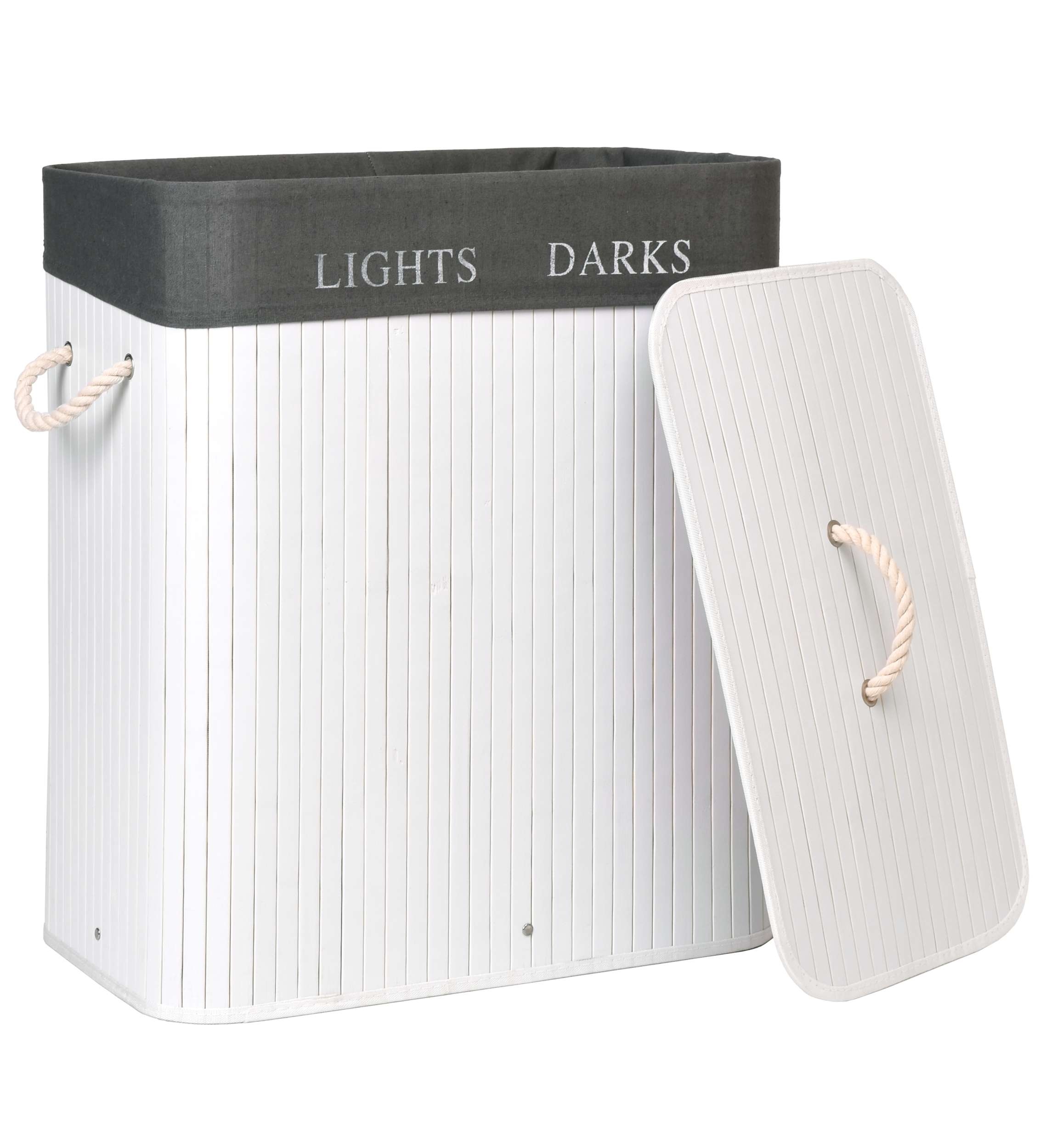 Kosz bambusowy pojemnik na pranie 2 komory biało-szary - obrazek 5