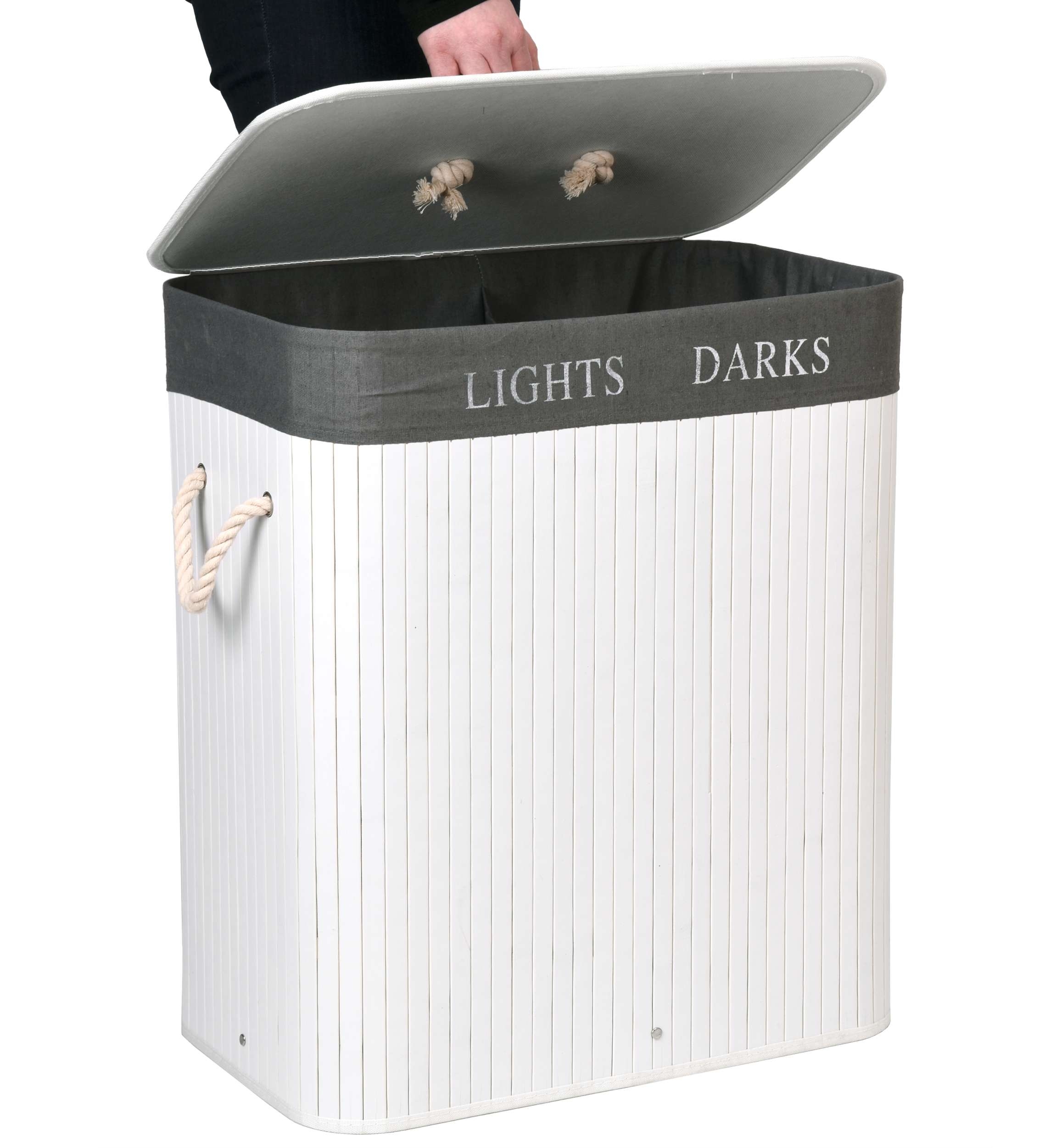 Kosz bambusowy pojemnik na pranie 2 komory biało-szary - obrazek 6