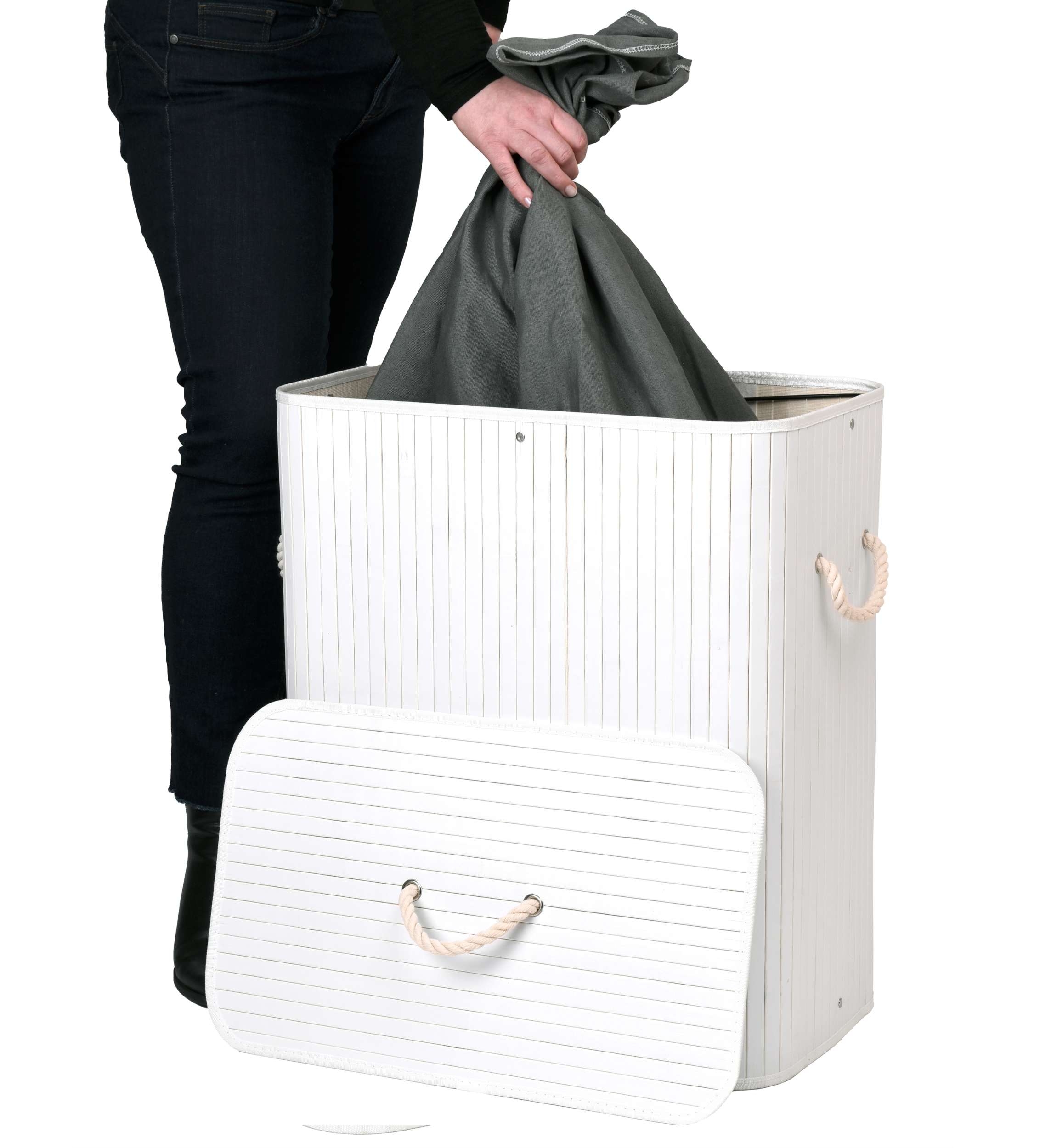 Kosz bambusowy pojemnik na pranie 2 komory biało-szary - obrazek 8