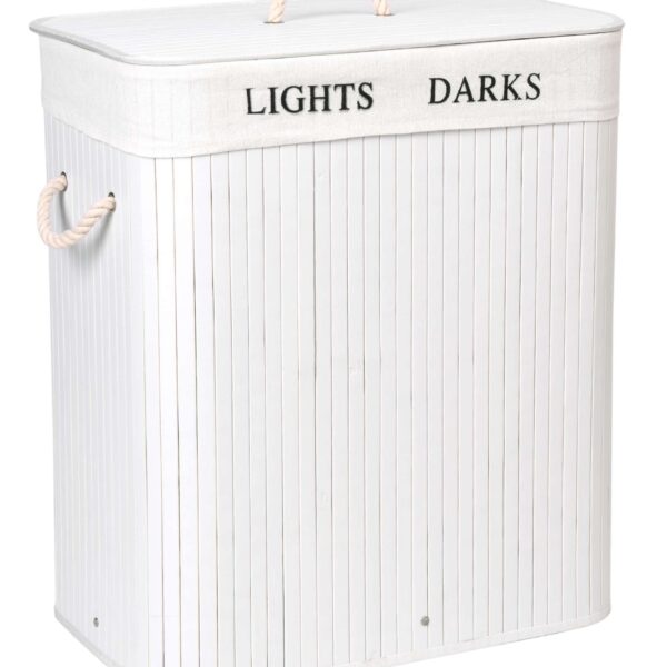 Kosz bambusowy z pokrywą 100L 2 komory biały