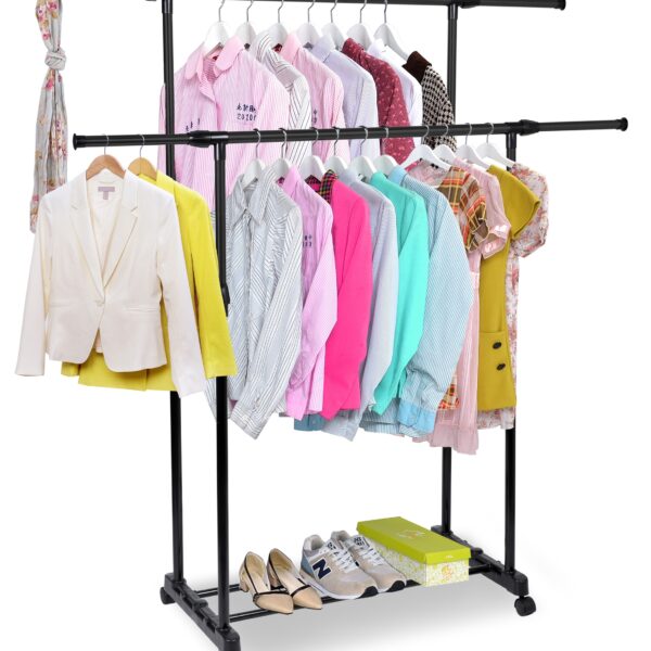 Mobilny wieszak stojący podwójny na kółkach DARA czarny