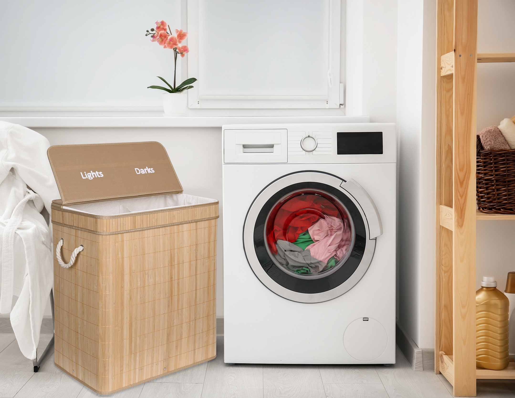 Kosz bambusowy pojemnik na pranie Soren 2 komory natural - obrazek 3
