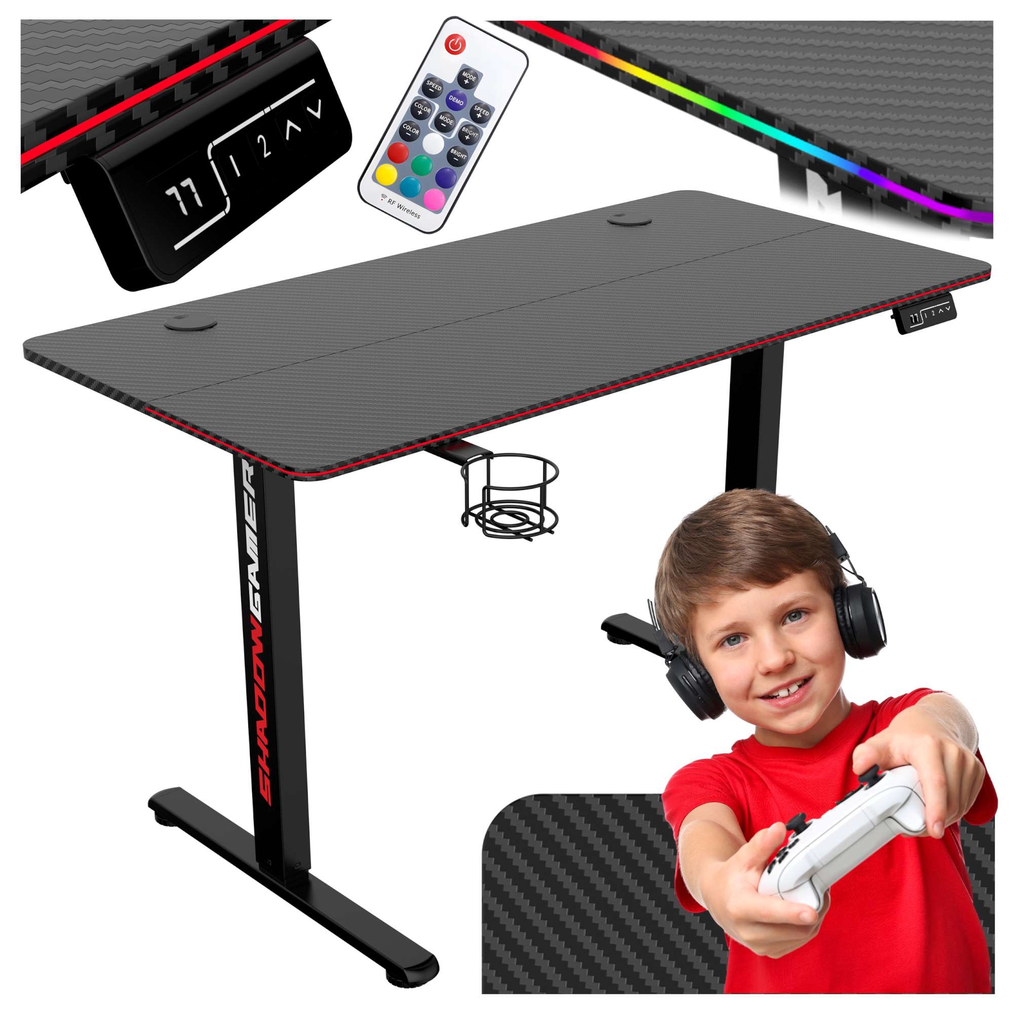 Biurko gamingowe SHADOW GAMER elektryczne 2.0 LED RGB 120 cm - obrazek 3