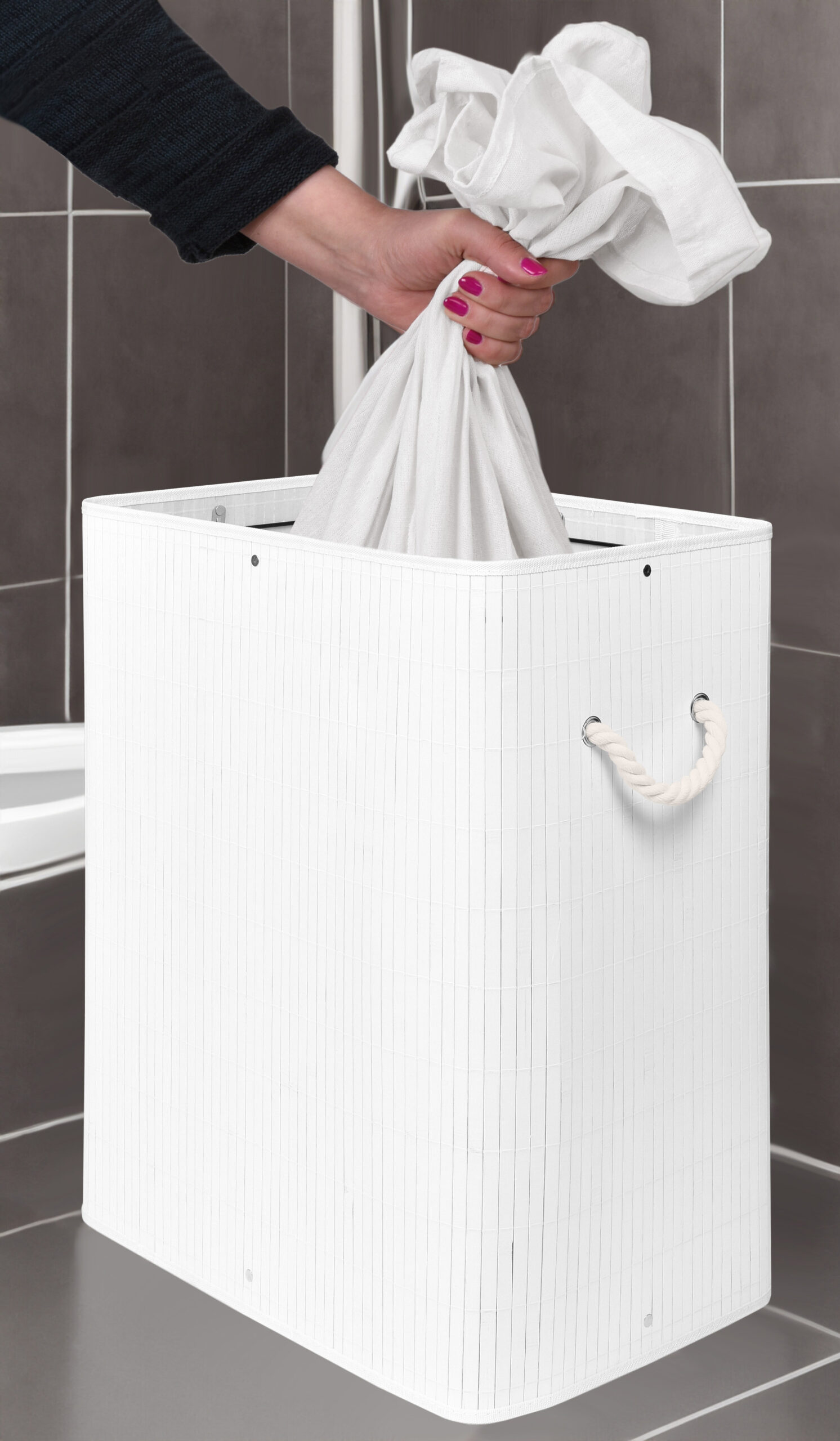 Kosz na pranie bambusowy z pokrywą SOREN 80L biały - obrazek 3