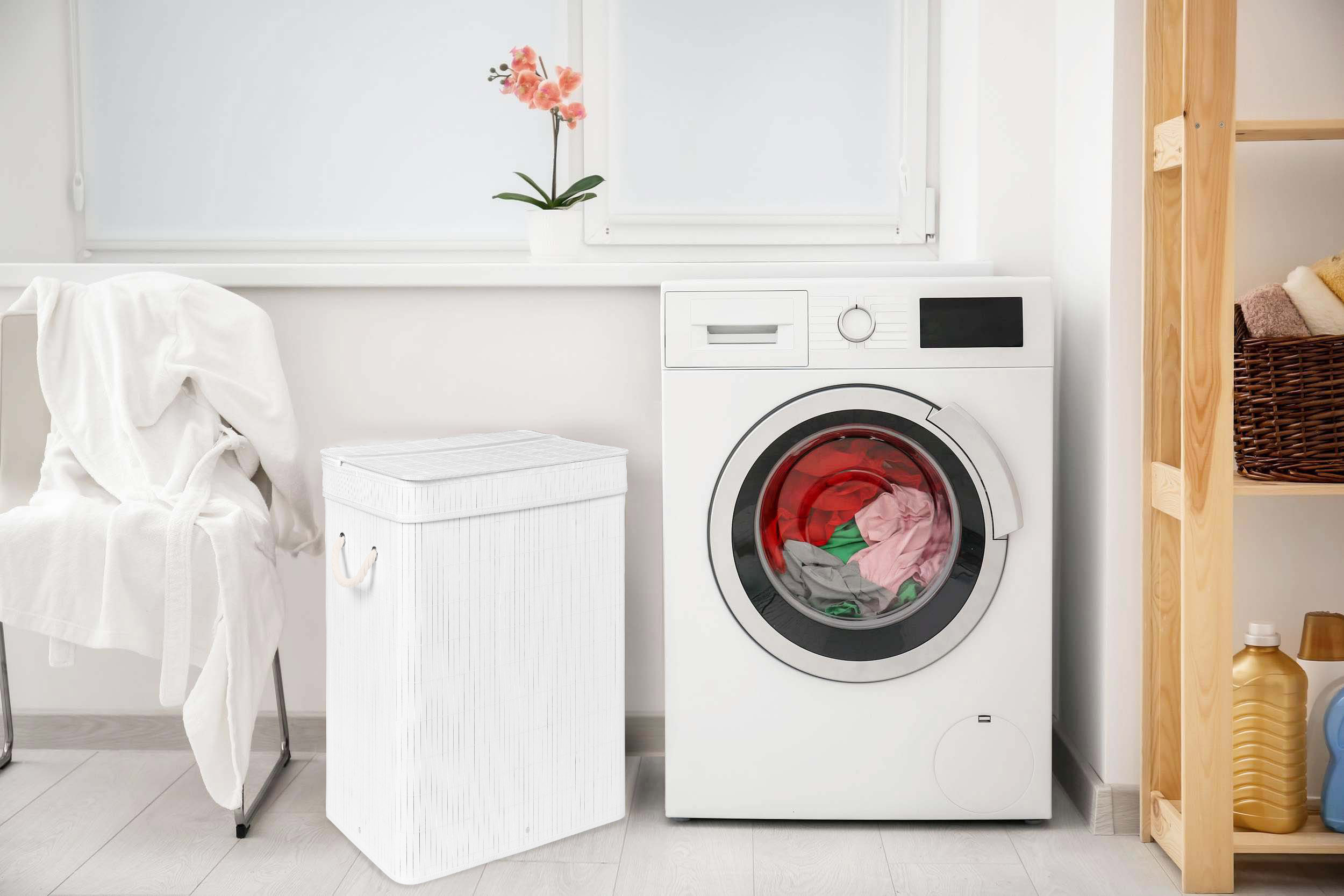 Kosz na pranie bambusowy z pokrywą SOREN 80L biały - obrazek 2