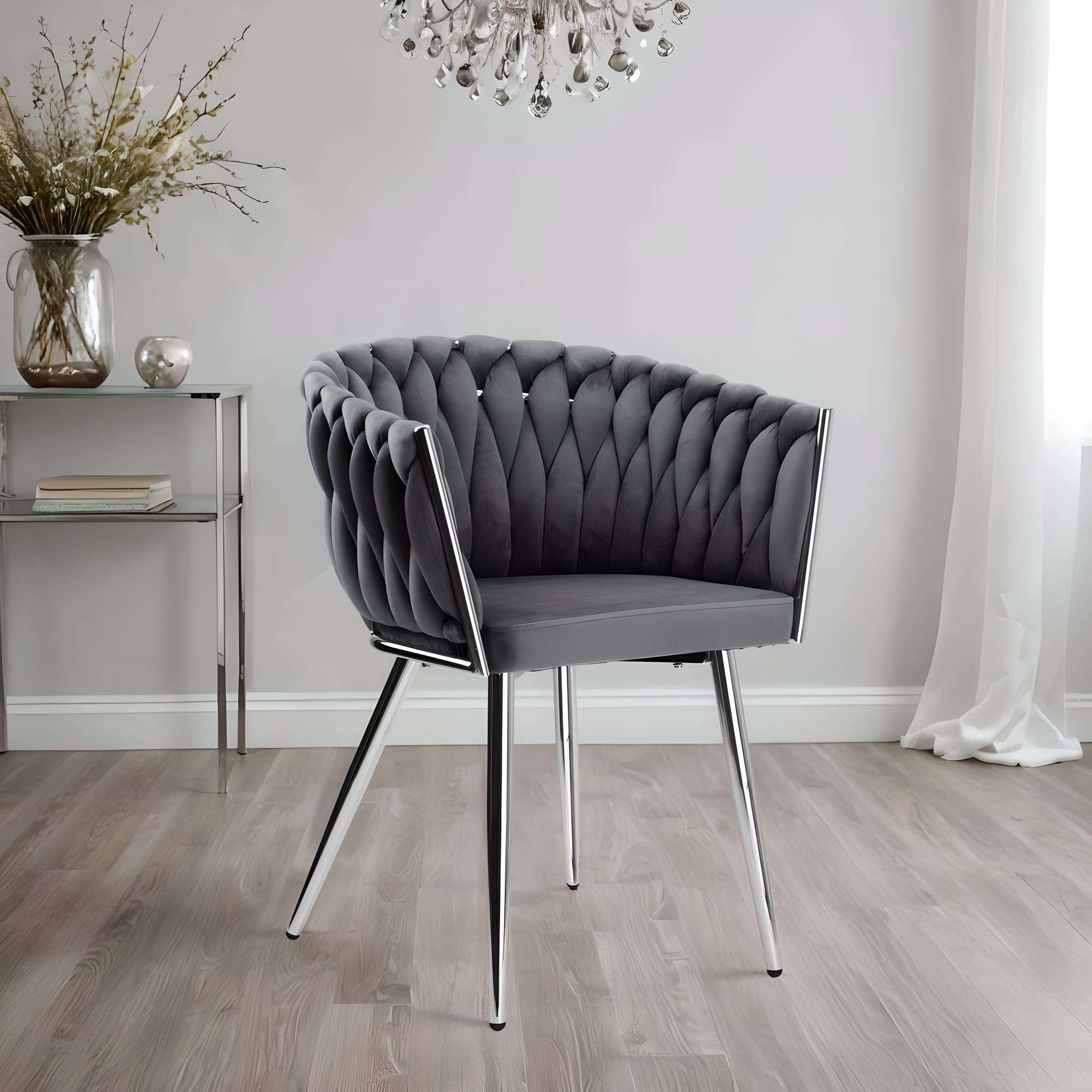 Krzesło welurowe plecione COFTON chrom VELVET grafitowy - obrazek 3