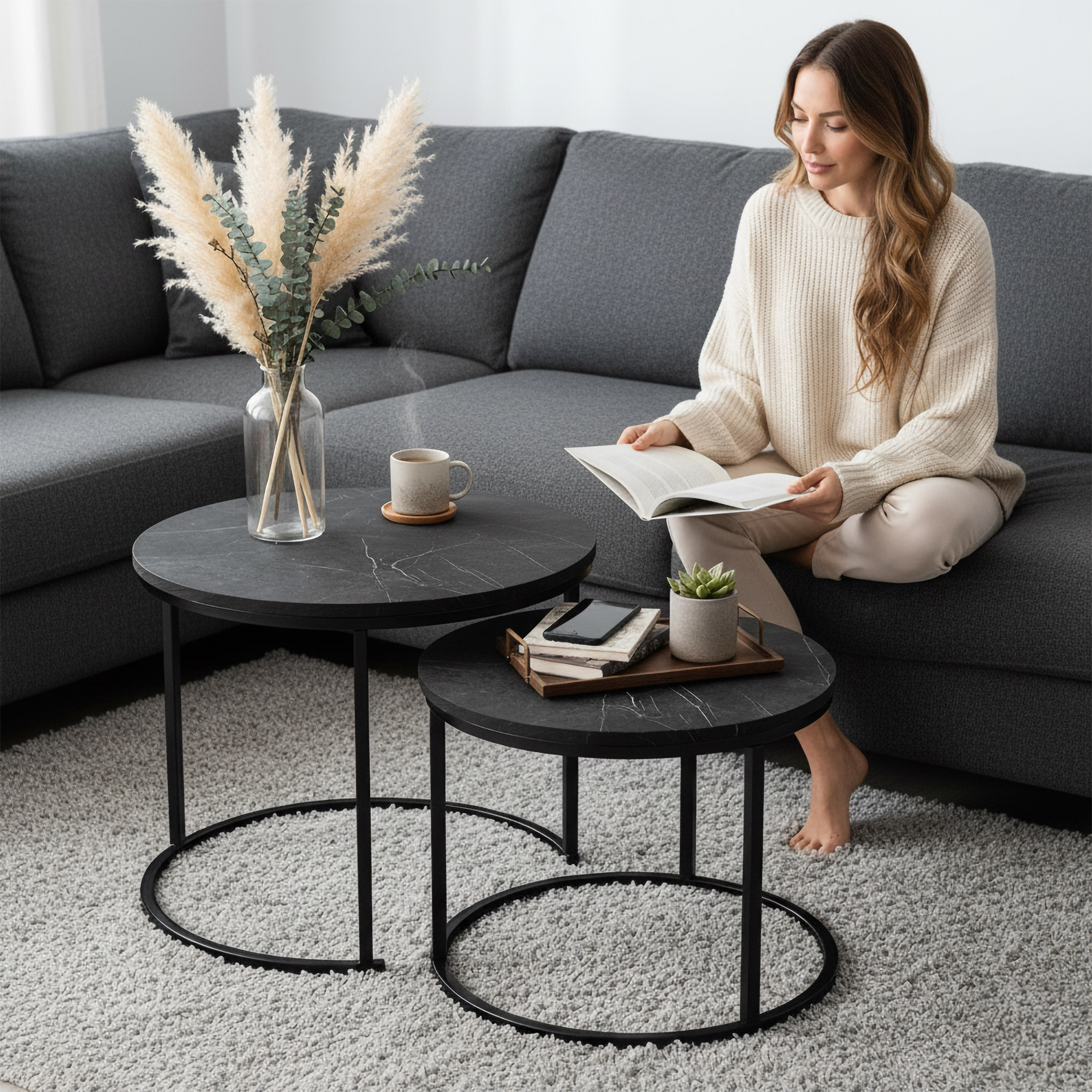 Zestaw dwóch stolików loft Galen Small Grafitowy Marmur - obrazek 3