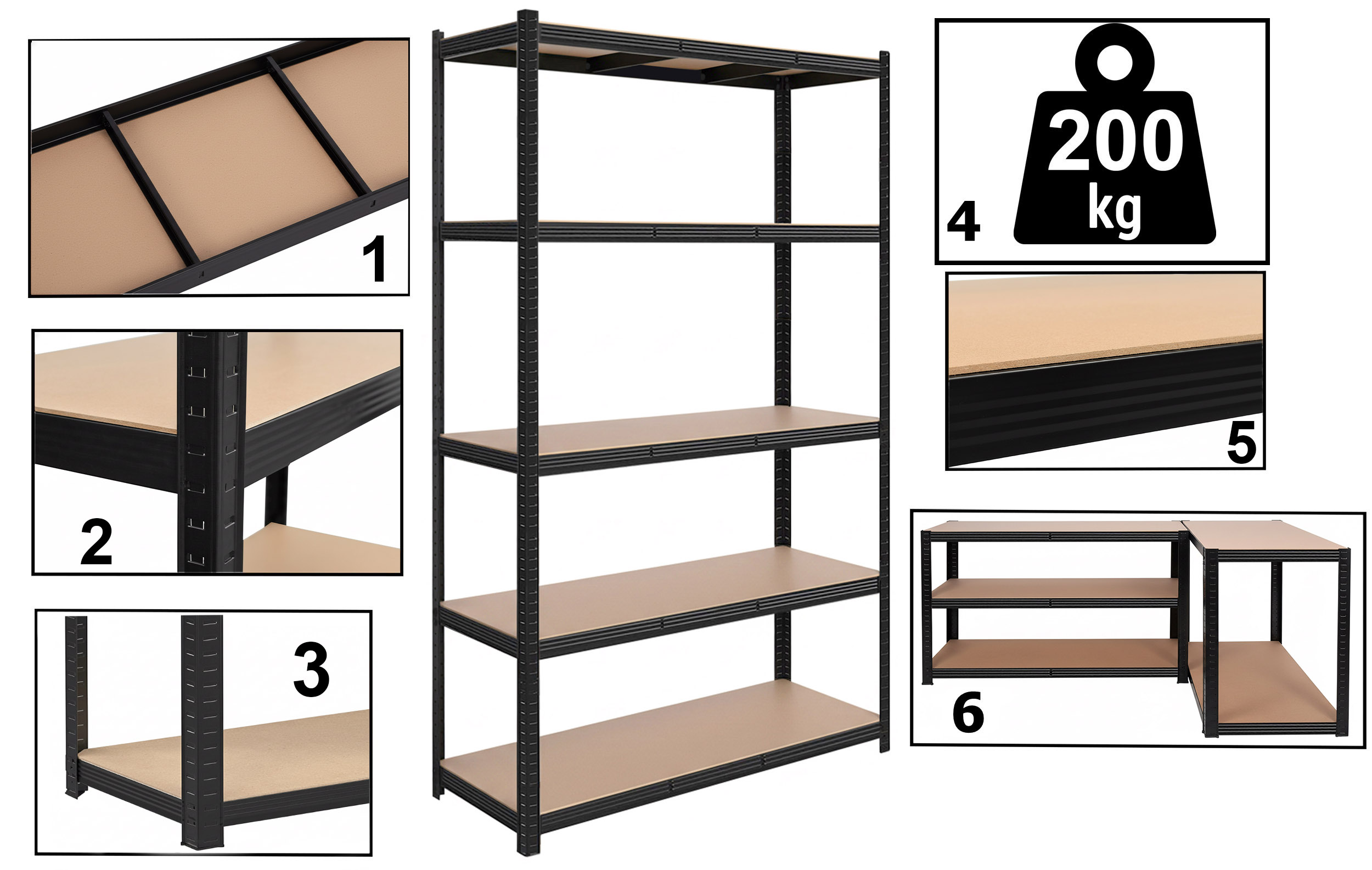 Regał magazynowy 200kg 5 poziomów 205x120x45 cm 1000 kg czarny - obrazek 9