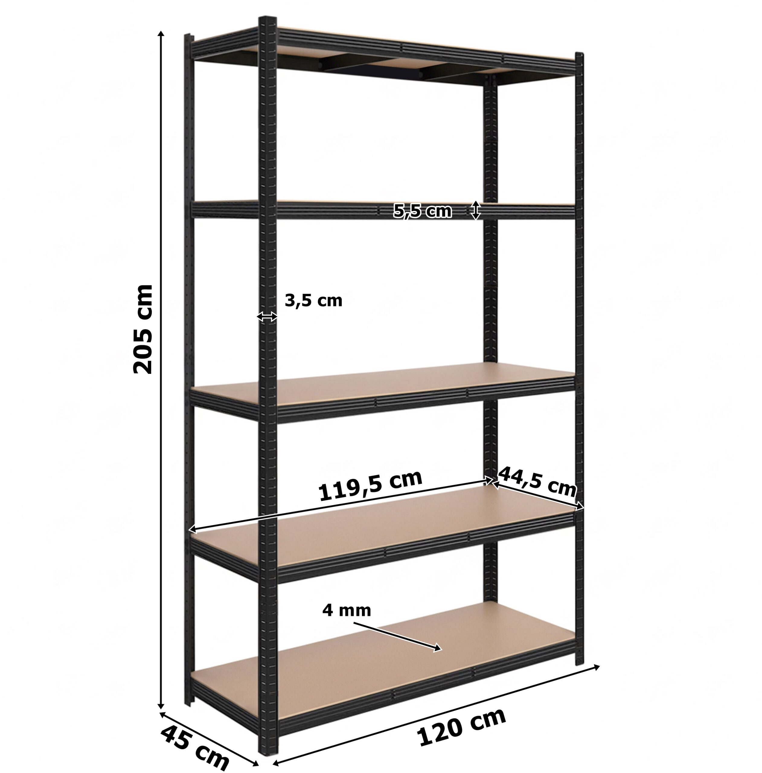 Regał magazynowy 200kg 5 poziomów 205x120x45 cm 1000 kg czarny - obrazek 5